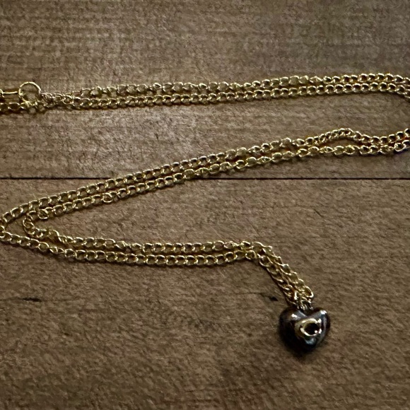 Coach Dainty Gunmetal Puffed Heart Necklace with Gold Signature C - Picture 4 of 5